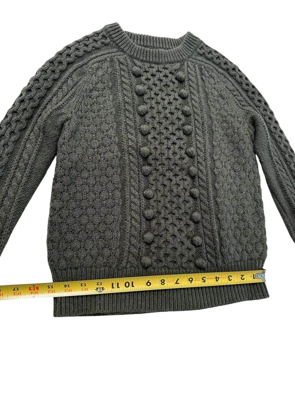 J.Crew Olive Green Cable Knit Sweater Women’s Crew Neck Pom Pom Textured Long XS